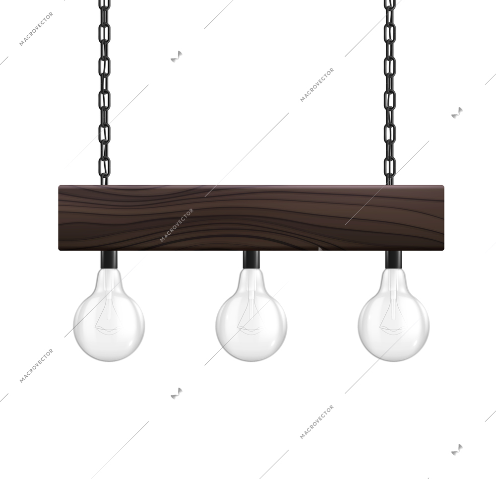 House lighting lamps realistic composition with three bulb lamps on wooden rail hanging on chains vector illustration