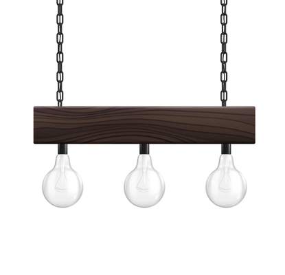 House lighting lamps realistic composition with three bulb lamps on wooden rail hanging on chains vector illustration