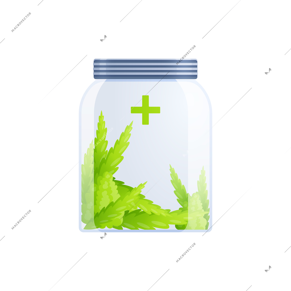 Medical marijuana cannabis drugs flat composition of hemp leaves inside closed glass can vector illustration