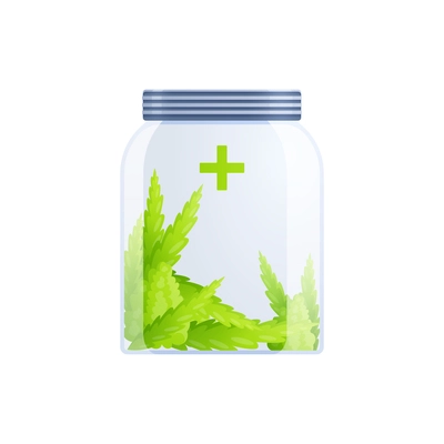 Medical marijuana cannabis drugs flat composition of hemp leaves inside closed glass can vector illustration