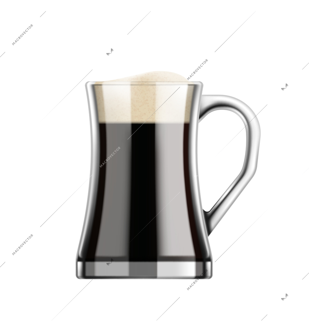Beer realistic composition with image of glass filled with dark beer with handle vector illustration