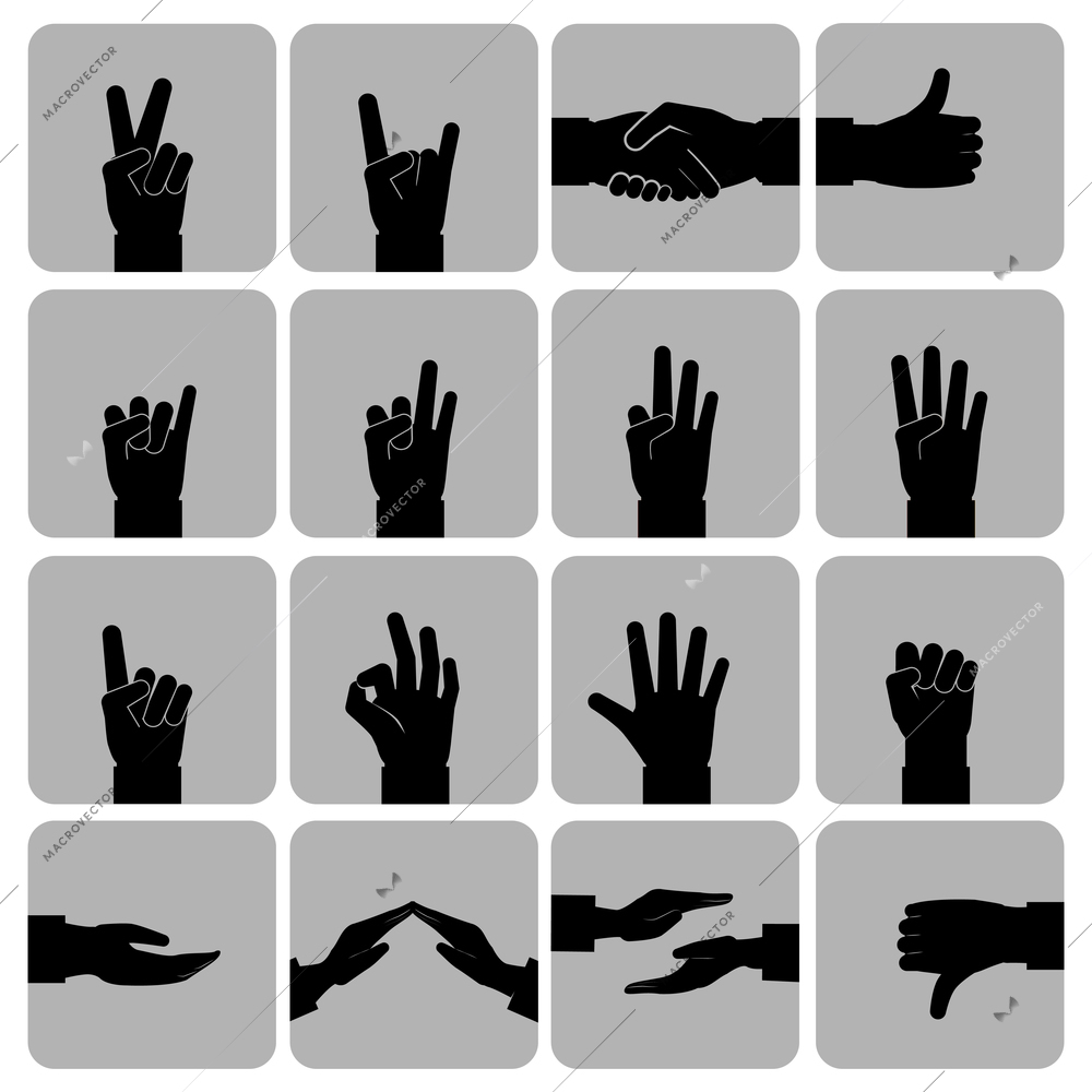 Human hands signs signals and gestures icons set black isolated vector illustration