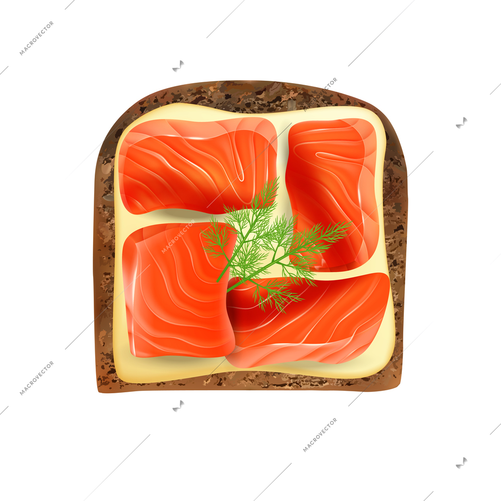 Realistic toast bread toppings composition with butter topping with salmon slices and dill vector illustration