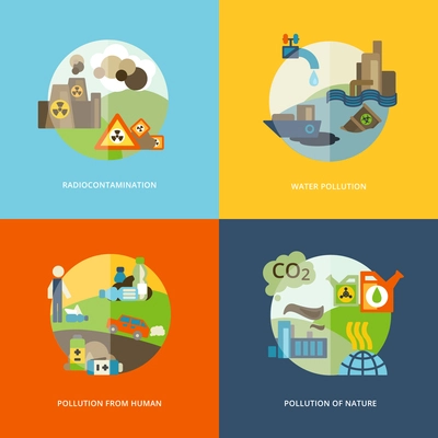 Global effects of environmental thermal and chemical emanating pollution flat icons composition set abstract isolated vector illustration