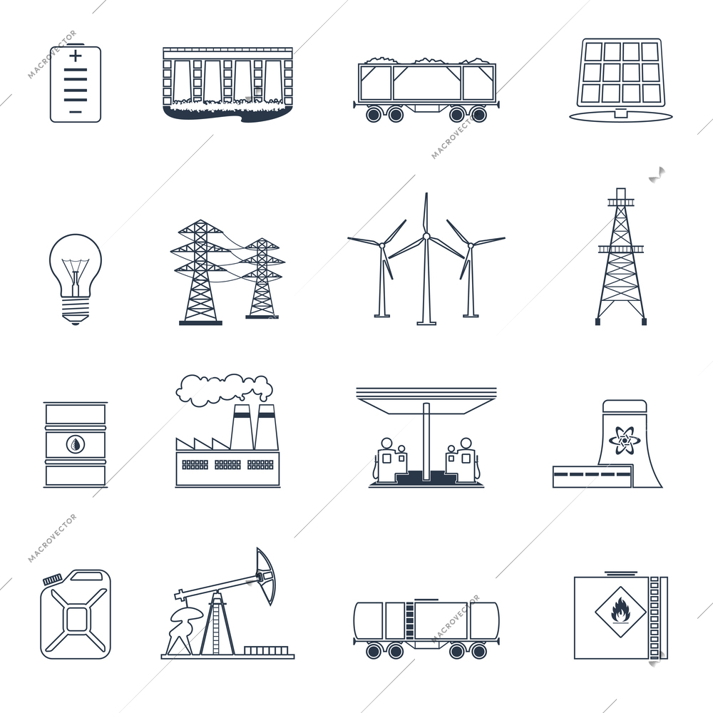 Energy and environment icons outline set with gasoline station nuclear plant jerrycan isolated vector illustration