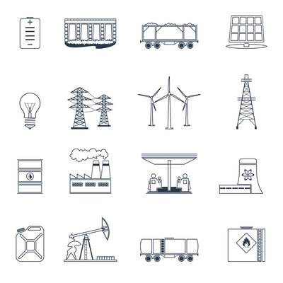 Energy and environment icons outline set with gasoline station nuclear plant jerrycan isolated vector illustration