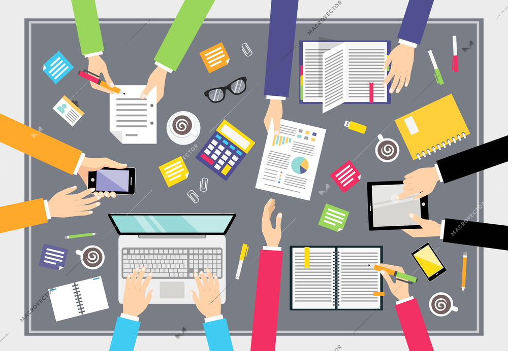 Business people teamwork concept top view people on squared table vector illustration