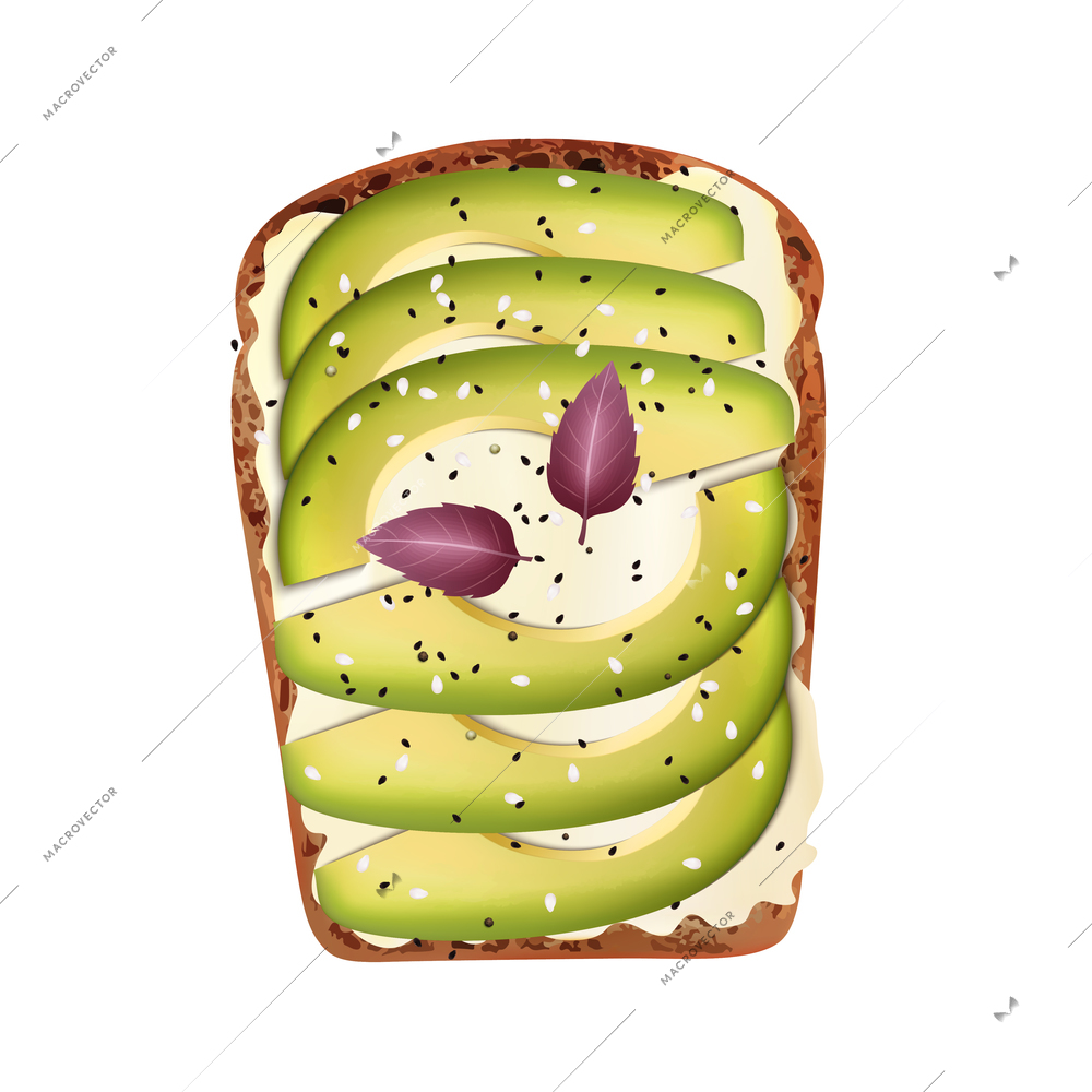 Realistic toast bread toppings composition with slices of avocado on butter vector illustration