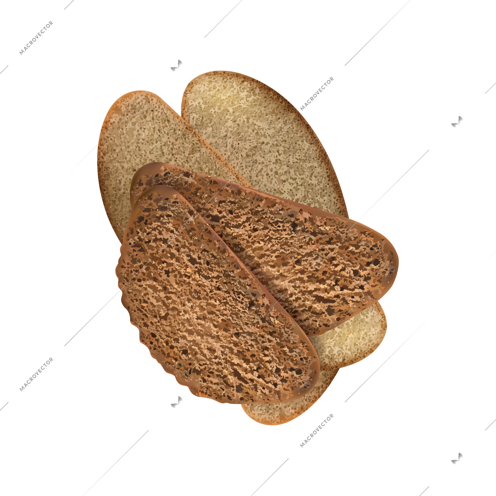 Different bread slices realistic composition with bunch of black bread slices on blank background vector illustration