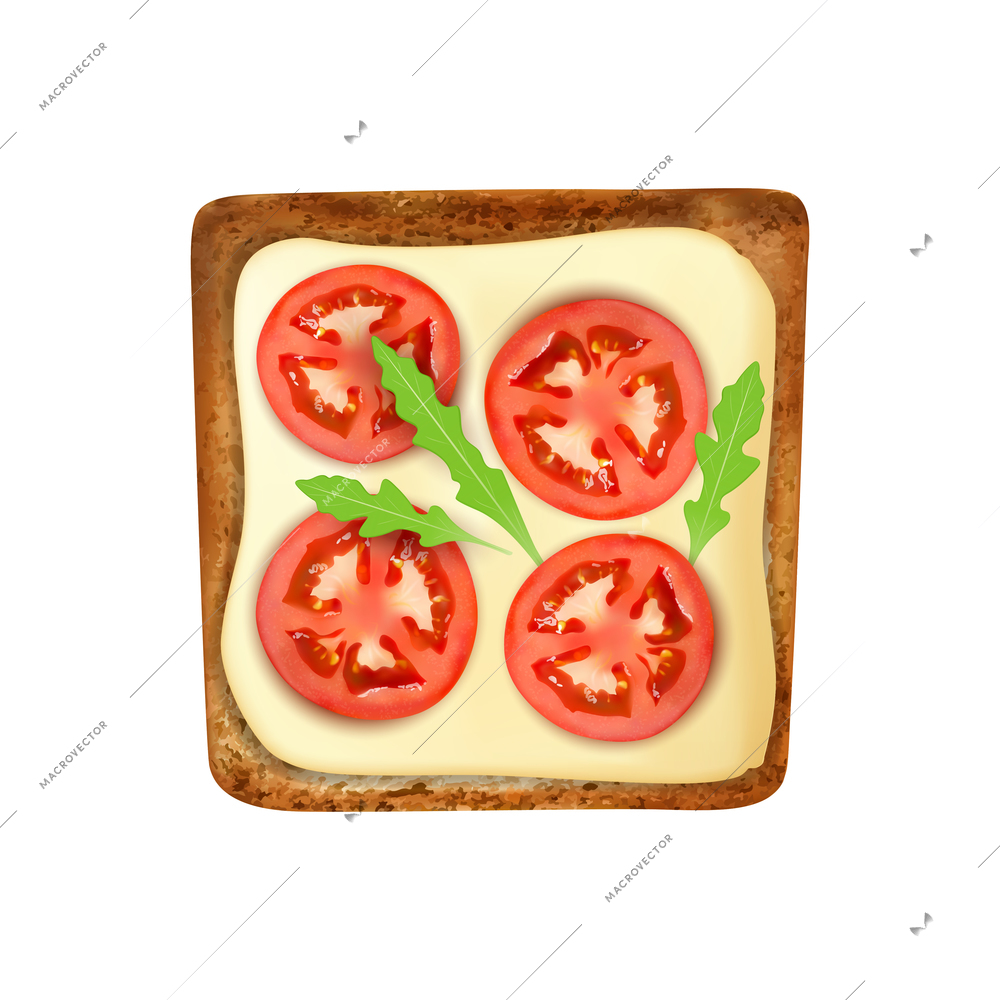 Realistic toast bread toppings composition with top view of bread slice with butter and tomatoes vector illustration