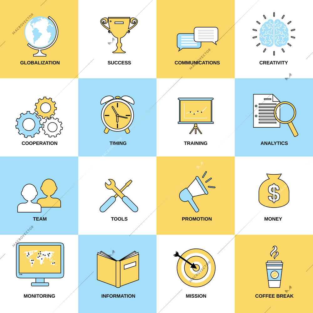 Business icons flat line set of globalization success communications isolated vector illustration