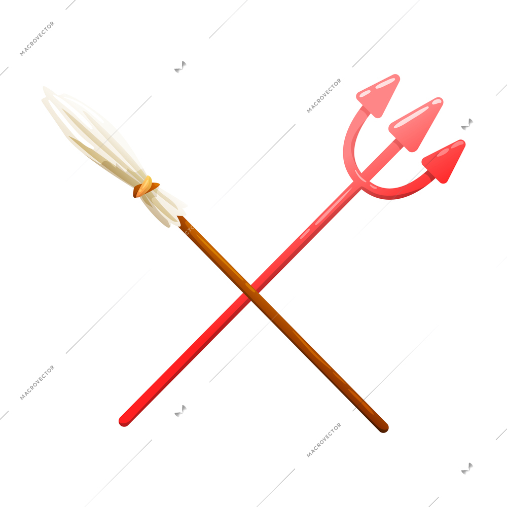 Halloween attributes with broomstick and trident colorful vector illustration