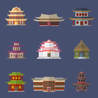 Chinese house ancient temples oriental buildings icons set isolated vector illustration