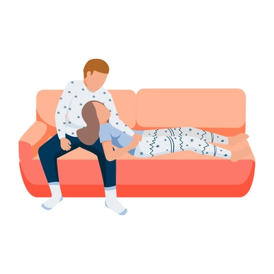 People on sofa with cozy winter symbols flat recolor vector illustration