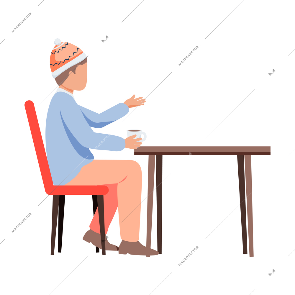 Man drinking tea with cozy winter symbols flat recolor vector illustration