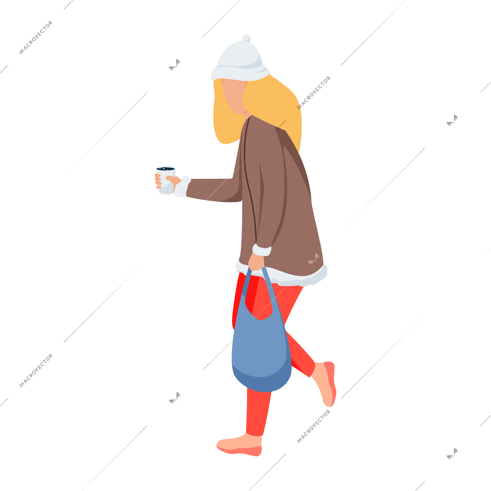 Girl outdoor in winter with cold symbols flat recolor vector illustration