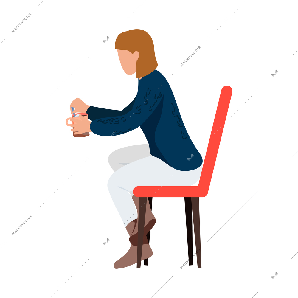 Woman sitting with cozy winter symbols flat recolor vector illustration