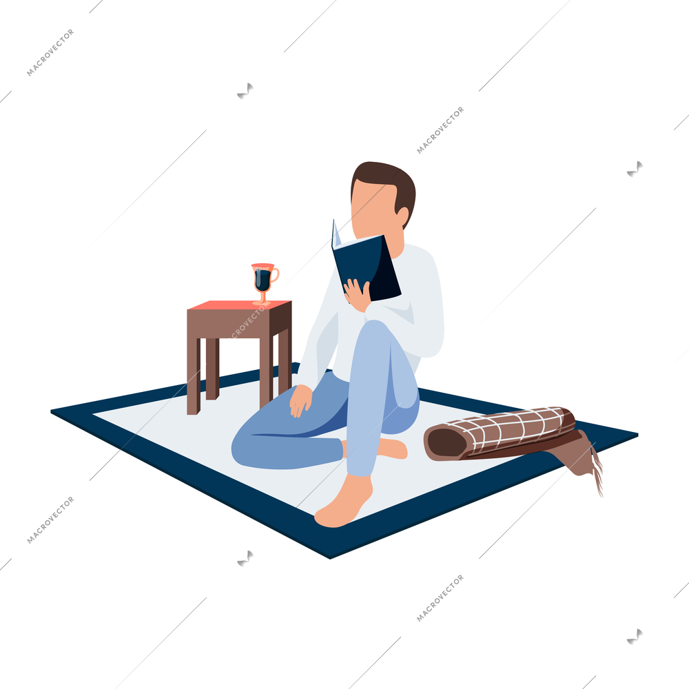 Person reading at home with cozy winter symbols flat recolor vector illustration