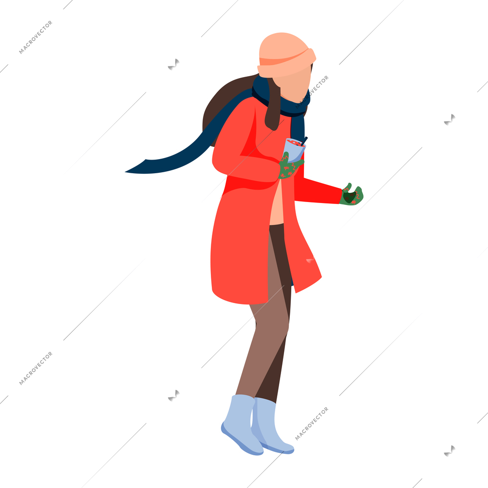 Girl outdoor with winter symbols flat recolor vector illustration