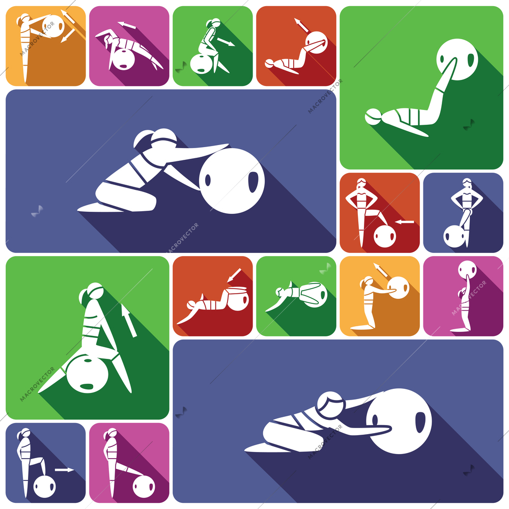 Women silhouettes with fitness ball healthy activity decorative icons flat set isolated vector illustration