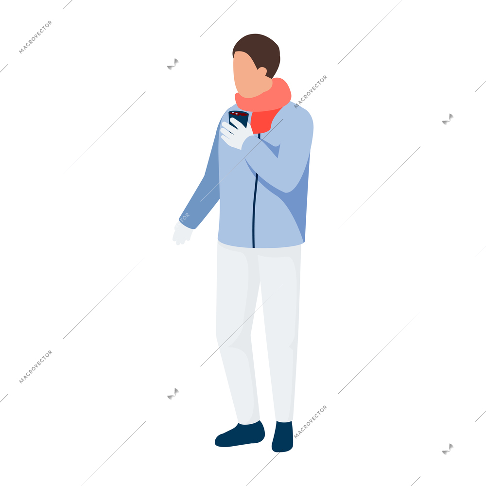 Man with cup in the street with cozy winter symbols flat recolor vector illustration