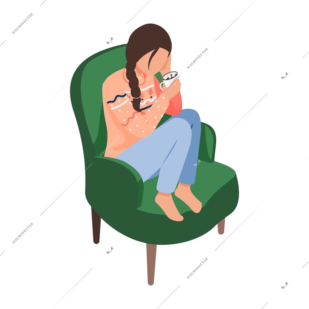 Girl in armchair with cozy winter symbols flat recolor vector illustration