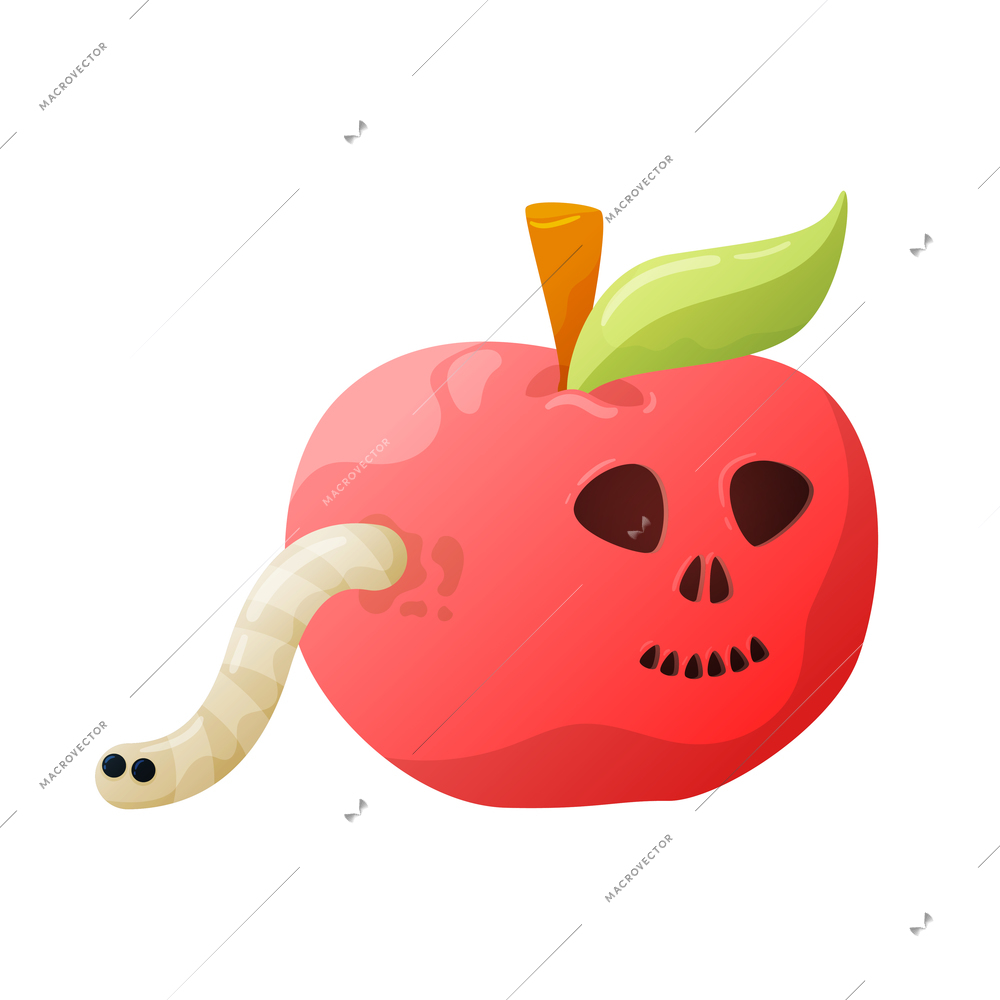 Halloween apple with worm and horror symbols vector illustration