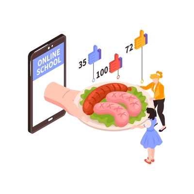 Learning cooking online isometric blogs tutorials on tablet vector illustration