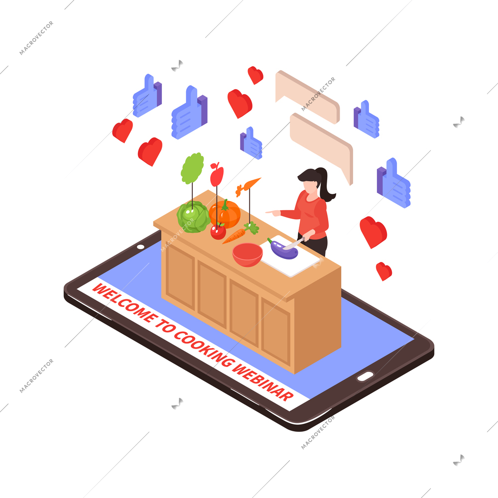 Learning cooking online isometric menu recipes lessons vector illustration