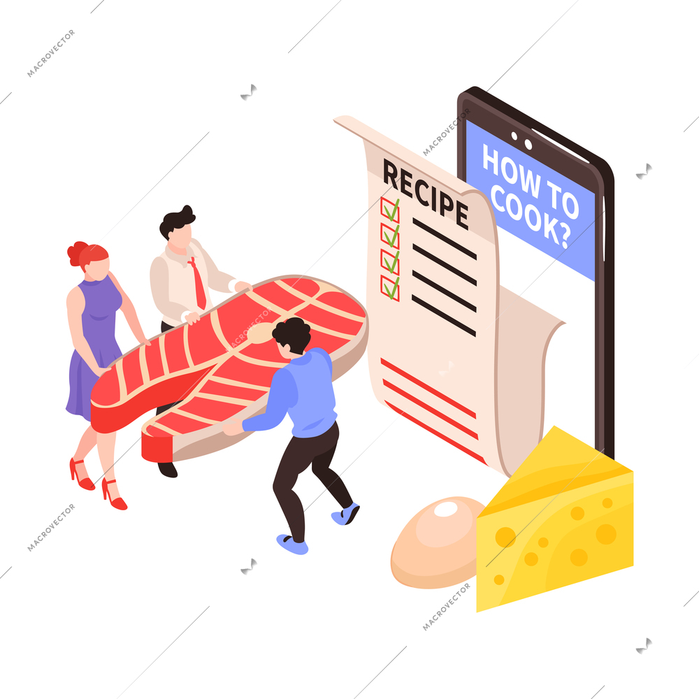 Learning cooking online isometric tutorials on tablet mobile screen vector illustration