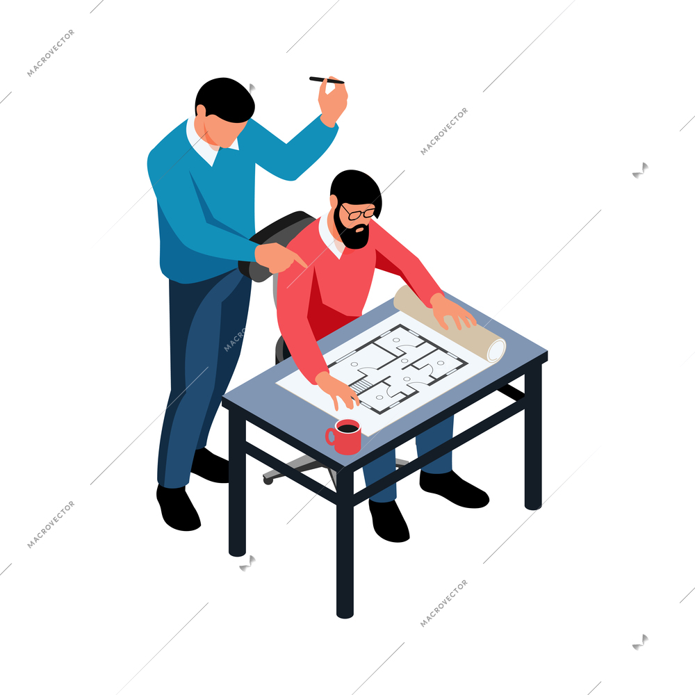 Isometric architect design concept with projects and master builder vector illustration