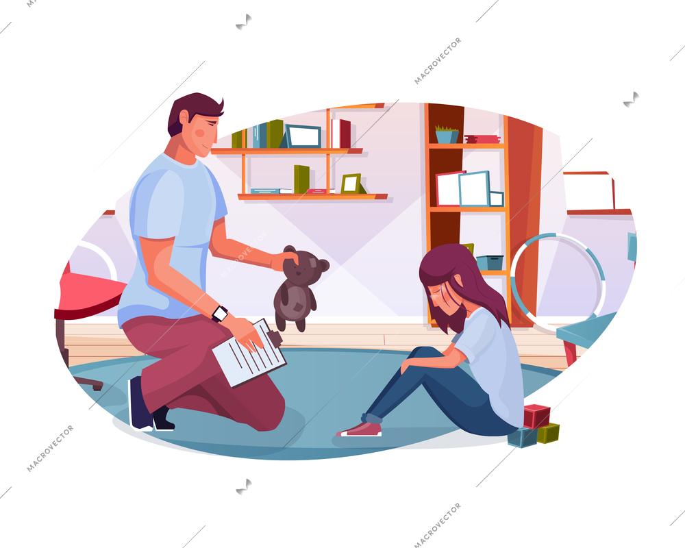 Psychology flat composition with view of living room with distracted child and psychologist vector illustration