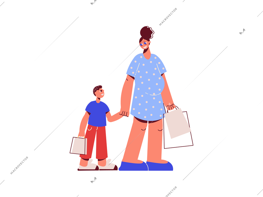Family shopping flat composition with characters of mother and son with shop bags vector illustration
