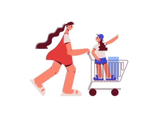 Family shopping flat composition with mother carrying wheel cart with daughter and goods vector illustration