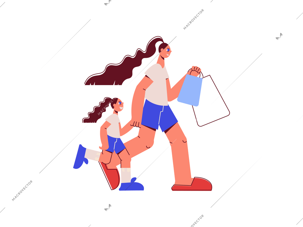 Family shopping flat composition with mother and daughter walking characters with bags vector illustration