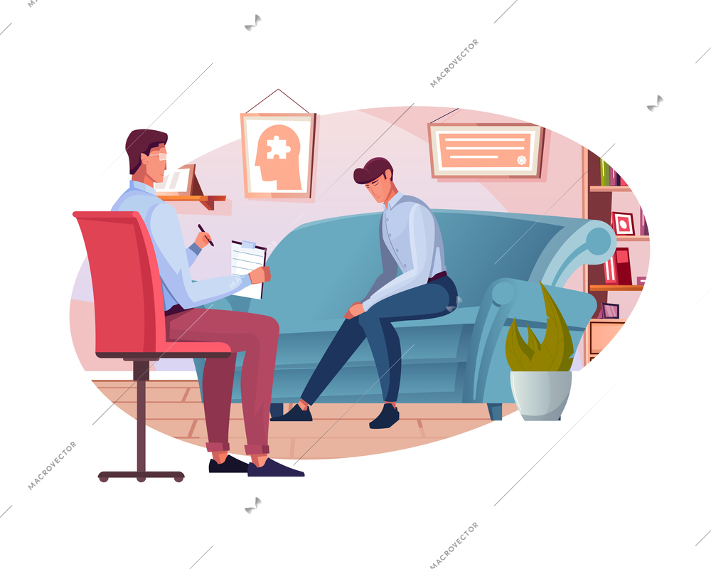 Psychology flat composition with doctors office interior and client speaking with psychologist vector illustration