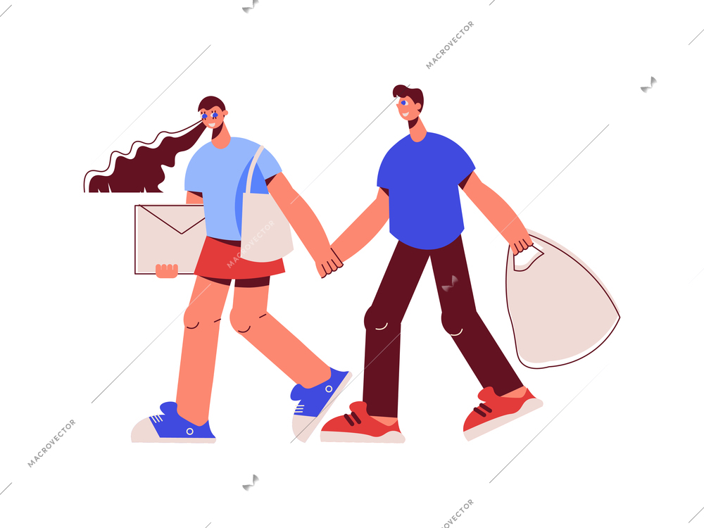 Family shopping flat composition with characters of loving couple carrying bags boxes vector illustration