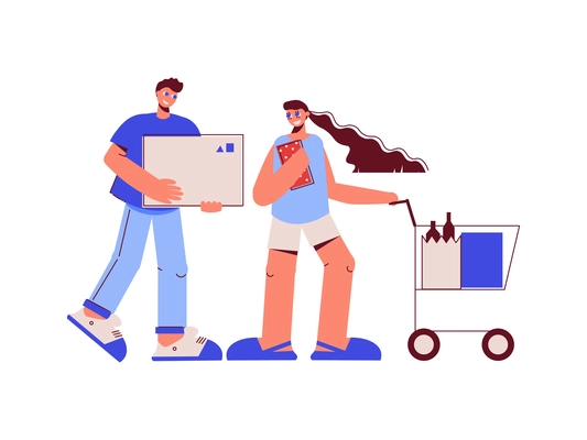 Family shopping flat composition with male and female characters with boxes and cart vector illustration