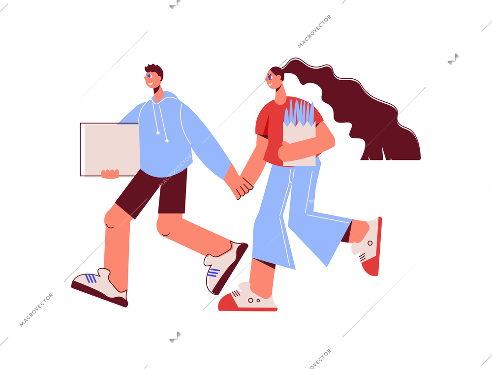 Family shopping flat composition with characters of running man and woman with goods vector illustration