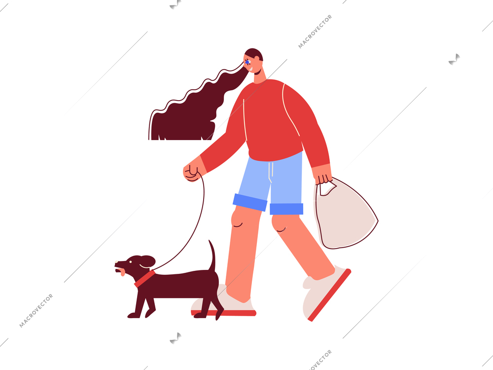 Shopping flat composition with female character with shop bag and dog vector illustration