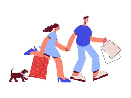 Family shopping flat composition with characters of man and woman with bags and running dog vector illustration