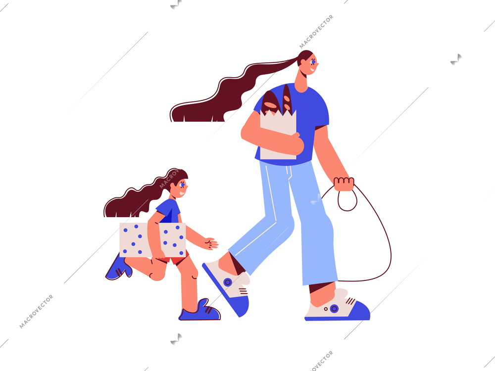 Family shopping flat composition with characters of running girl and mother with bags vector illustration