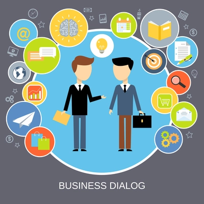 Business dialog concept with people chatting and sharing ideas vector illustration