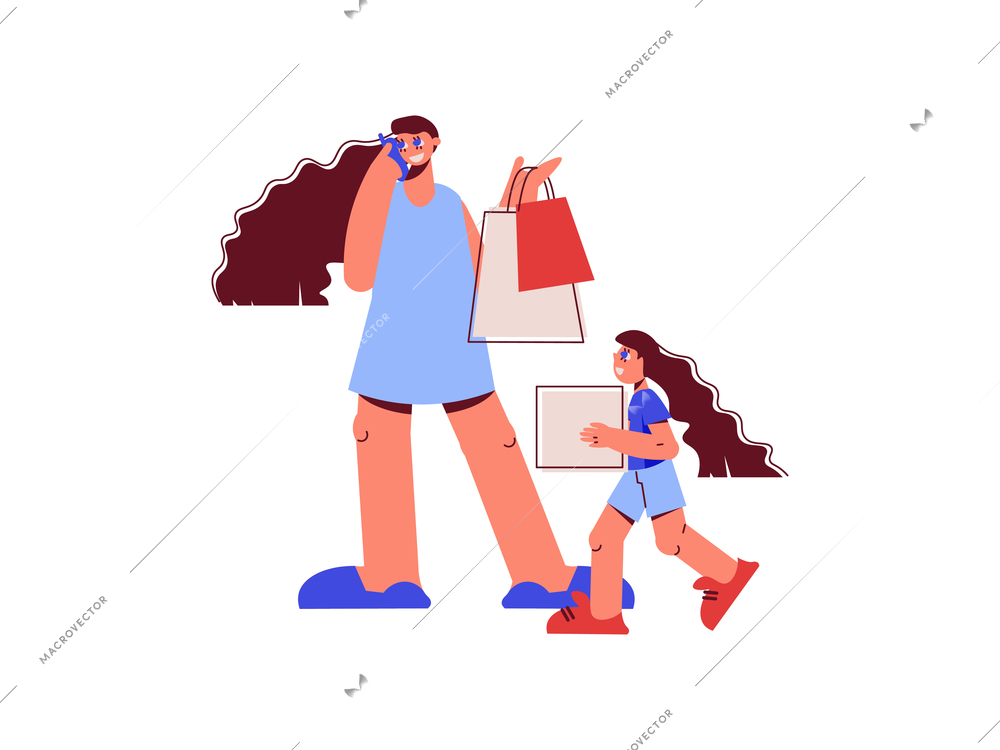 Family shopping flat composition with characters of mother with girl daughter holding shop bags vector illustration
