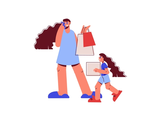 Family shopping flat composition with characters of mother with girl daughter holding shop bags vector illustration