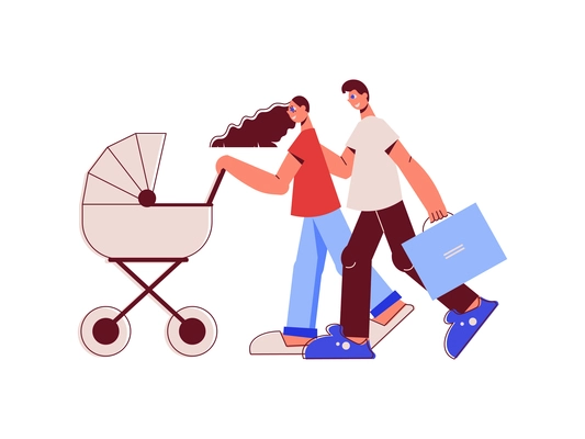Family shopping flat composition with parents couple with bags and baby stroller vector illustration