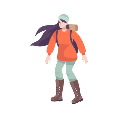 Excursion flat composition with female adventure tourist in hat with backpack and mat vector illustration