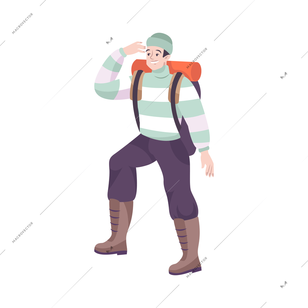 Excursion flat composition with adventure tourist with backpack on blank background vector illustration