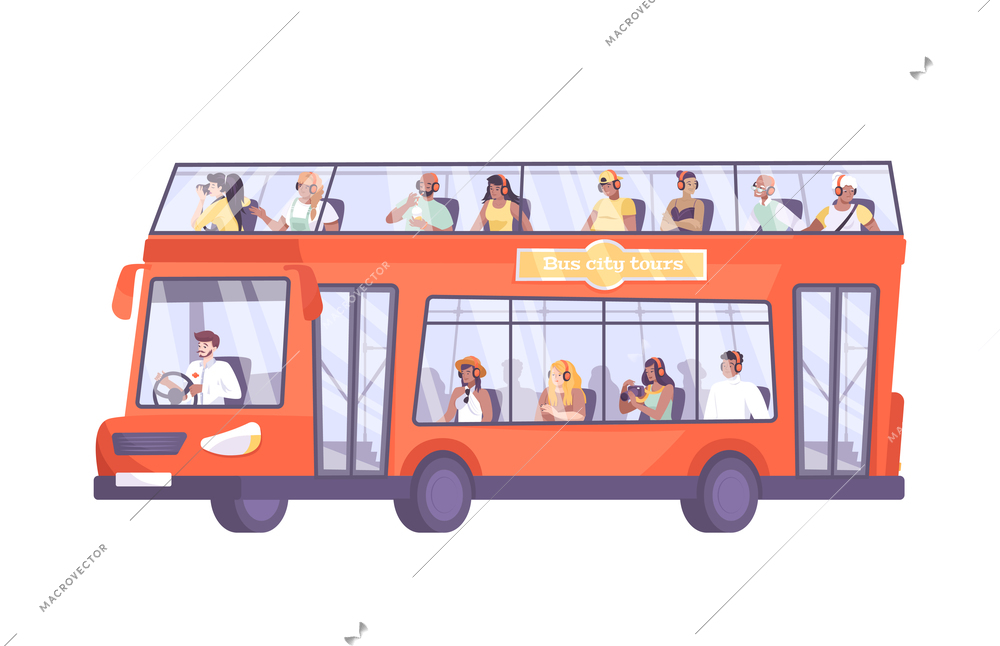 Excursion flat composition with isolated image of sightseeing double decker bus with tourists vector illustration