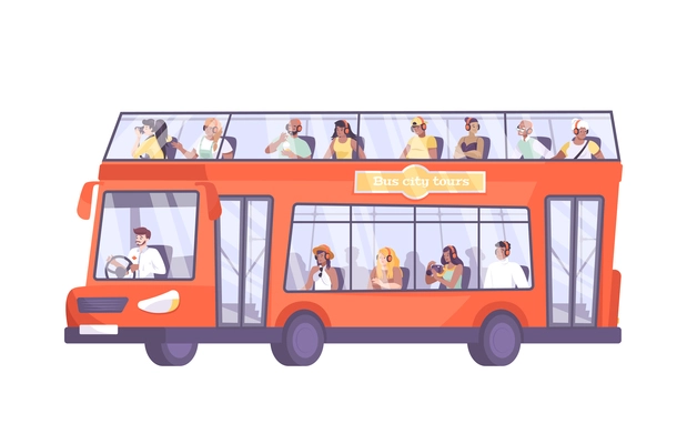 Excursion flat composition with isolated image of sightseeing double decker bus with tourists vector illustration